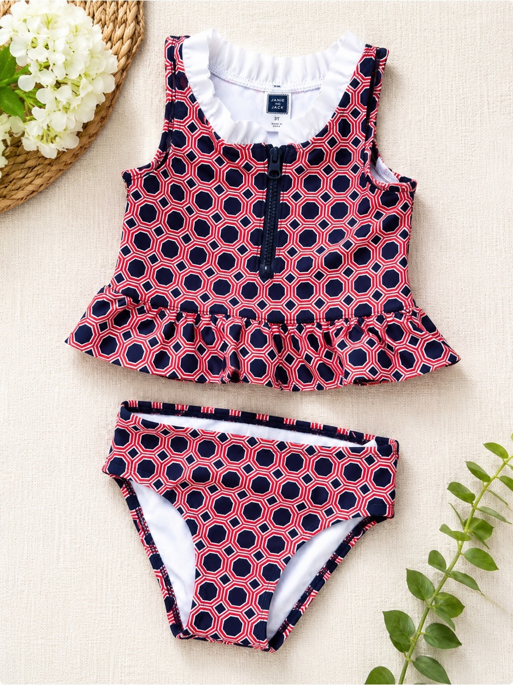 Janie and Jack Navy & Coral Hexagon Ruffle Tankini
